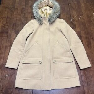 J.CREW Wool Blend Vail Beige Parka Womens Sz 0‎ Removable Fur Hooded Winter Coat